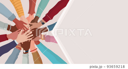 Group hands on top of each other of diverse multi-ethnic and multicultural people. Agreement or affair between a group of colleagues or collaborators. Teamwork community. Copy space banner 93659218