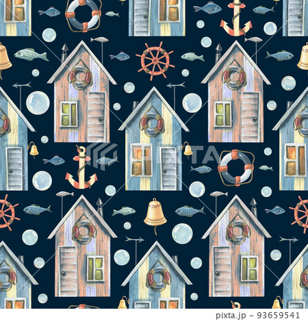 Beach, fishing houses pink and blue with fish, steering wheel, anchor, bubbles on a dark background. Watercolor seamless pattern. For fabrics, textiles, wallpaper, wrapping paper, backgrounds. 93659541