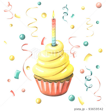 Yellow cupcake with a festive candle surrounded by confetti and ribbons. Watercolor illustration. A composition from a large set of HAPPY BIRTHDAY. For the decoration and design of greetings. 93659542