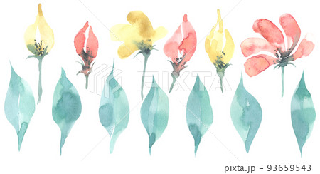 Simple, alla prima-style flowers and leaves. Pink, yellow and turquoise colors. Watercolor illustration. Isolated objects from a large set of HAPPY BIRTHDAY. For decoration, design and compositions. 93659543