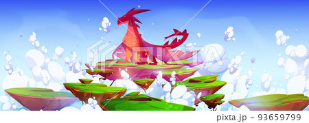 Fantasy red dragon on floating islands Fantasy red dragon on floating islands 93659799