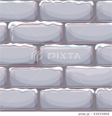 Brick wall with snow, stone bricks, rock surface in cartoon style, winter seamless background. Ui game asset, pavement or road. Textured and detailed. Brick wall with snow, stone bricks, rock surface in cartoon style, winter seamless background. Ui game asset, pavement or road. Textured and detailed. 93659968