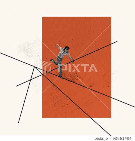 Contemporary art collage. Conceptual image. Young man stepping, walking on lines. Overcoming difficulties 93661404