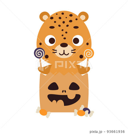 Cute Halloween cheetah sitting in a trick or treat bag with candies. Cartoon animal character for kids t-shirts, nursery decoration, baby shower, greeting card, invitation. Vector stock illustration 93661936