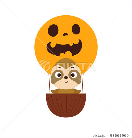 Cute little sloth flying on Halloween hot air balloon. Cartoon animal character for kids t-shirts, nursery decoration, baby shower, greeting card, invitation. Vector stock illustration 93661969