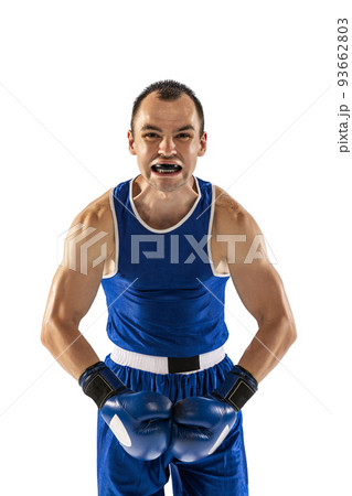 Winner emotions. Male boxer in blue uniform and boxing gloves shouting isolated on white background in neon. Strength, attack and motion concept. Winner emotions. Male boxer in blue uniform and boxing gloves shouting isolated on white background in neon. Strength, attack and motion concept. 93662803