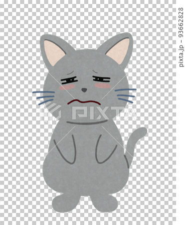 眠い顔の猫のイラスト 輪郭=一部実線&カラー 灰色猫 眠い顔の猫のイラスト 輪郭=一部実線&カラー 灰色猫 93662828