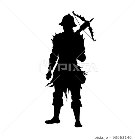 Fantasy arbalester silhouette. Medieval warrior with crossbow. Isolated dark knight with arbalest 93663140
