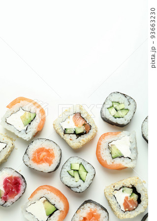 Concept of tasty food with sushi, space for text Concept of tasty food with sushi, space for text 93663230