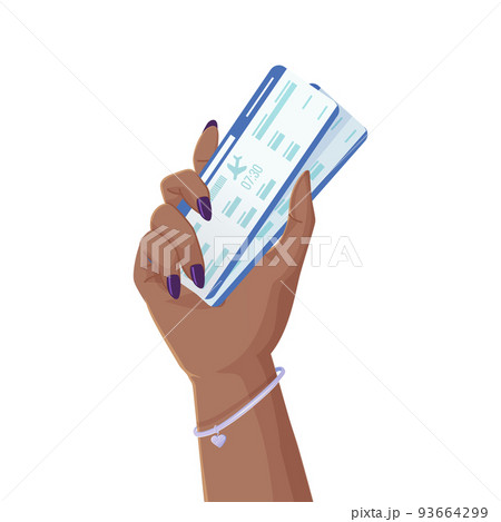 Black woman hand holding two airplane tickets. International vacation, fly travel, world journey concept. Illustration in realistic cartoon style. 93664299