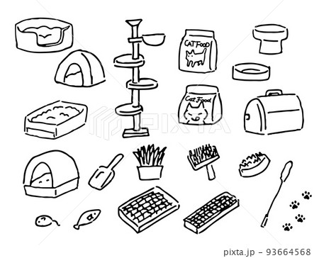 猫用品　猫トイレ・キャットタワー・猫用ベッド　手描き線画素材セット 93664568