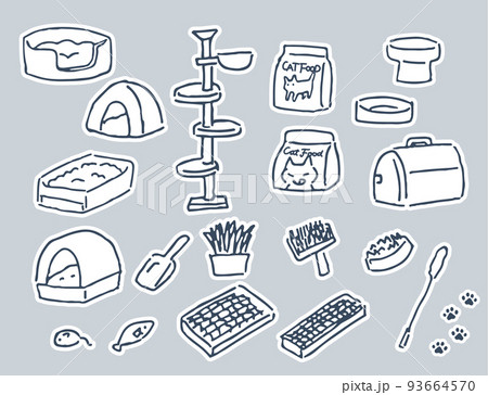 猫用品　猫トイレ・キャットタワー・猫用ベッド　手描き線画白フチ付き素材セット 93664570