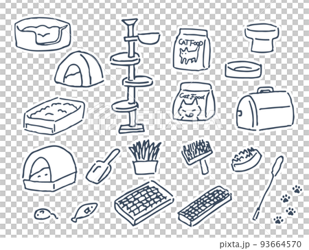 貓用品：貓廁所、貓塔、貓床、白色邊框手繪線描材料套裝 93664570