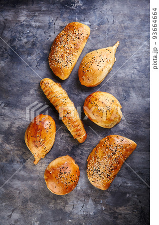 Samosa, samsa meat stuffed pies. Uzbek national dish samosa. Concept of Central Asian, South and East Asian cuisine 93664664
