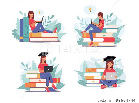 Set of Student girls studying with laptop. Young woman sitting on stack of books, getting knowledge online. Collection of vector illustration for e-learning, internet course, school concept. Education 93664744