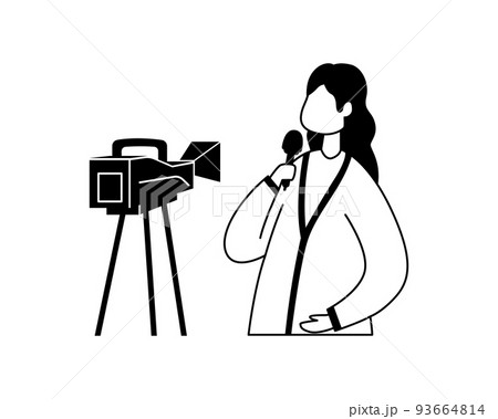 Vector illustration of a female correspondent recording a report on a video camera. Outline 93664814