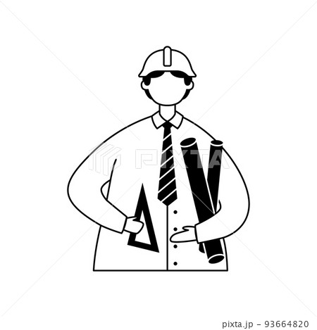 Vector illustration of a male engineer with technical drawings in his hands and wearing a helmet. Outline Vector illustration of a male engineer with technical drawings in his hands and wearing a helmet. Outline 93664820