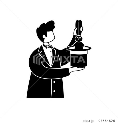 Vector illustration of a male magician pulling a hare out of a hat. Outline Vector illustration of a male magician pulling a hare out of a hat. Outline 93664826
