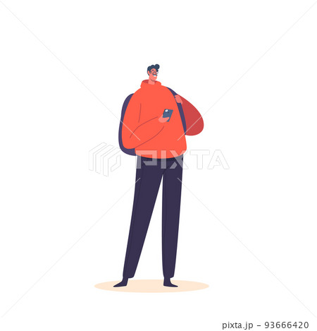 Adult Male Character with Backpack Looking on Screen of Smartphone Isolated on White Background. Man with Gadget Adult Male Character with Backpack Looking on Screen of Smartphone Isolated on White Background. Man with Gadget 93666420