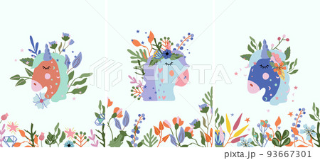 Fantastic Head portrait Unicorn with colorful flowers and leaves. Poster with magical head horse can be used as creating card, banner, birthday and other holidays. Vector illustration Fantastic Head portrait Unicorn with colorful flowers and leaves. Poster with magical head horse can be used as creating card, banner, birthday and other holidays. Vector illustration 93667301
