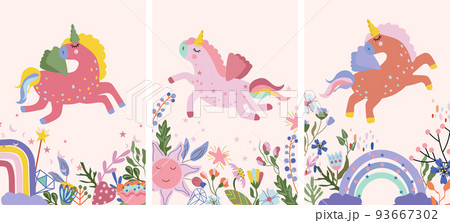 Fantastic Unicorn with colorful flowers and leaves, rainbow, funny sun and other. Poster with magical horse can be used as creating card, banner, birthday and other holidays. Vector illustration 93667302