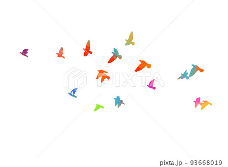 Abstract multicolored flying birds. Mixed media. Vector illustration 93668019