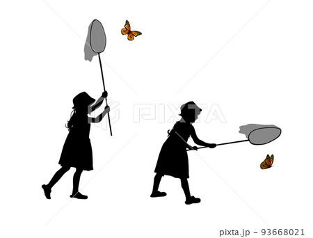 Silhouette of a girl catching butterflies. Vector illustration 93668021
