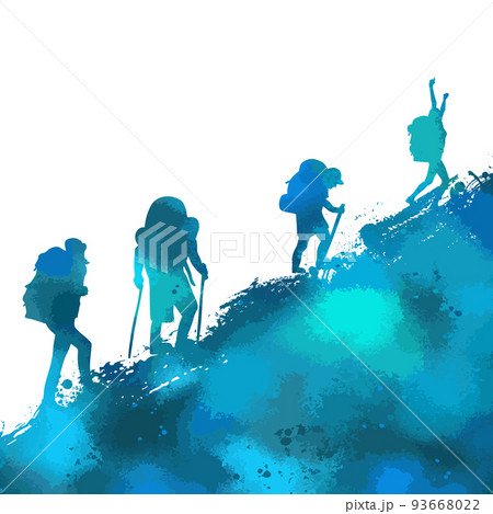 Climbing the blue mountain by tourists. Achieving success. Vector illustration 93668022