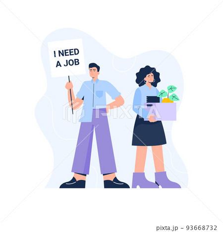Unemployment concept. Unemployed people in the covid-19 virus crisis and the economic collapse. People are fired and looking for a new jobs. Vector flat illustration. 93668732