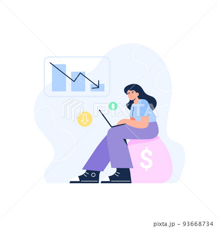 Inflation concept. The financial crisis, decrease the value of the currency. A woman loses savings due to inflation. Vector flat illustration. 93668734