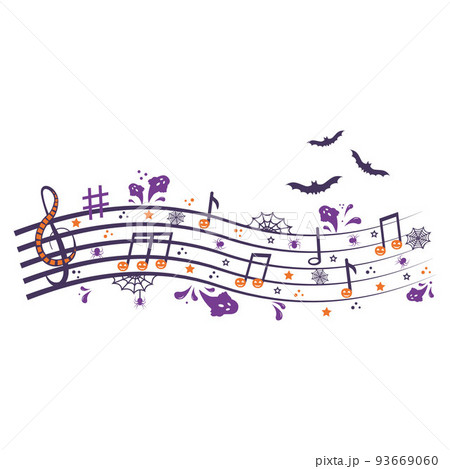 Black spider web with treble clef with pumpkin, bats and notes. Musical Composition at Halloween Party Black spider web with treble clef with pumpkin, bats and notes. Musical Composition at Halloween Party 93669060
