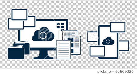 クラウドストレージのアイコントイラスト　パソコンやスマホで写真や書類のデータを共有、保存、同期する。 93669326