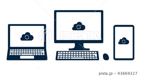 クラウドストレージを利用するデバイスのアイコン. ノートパソコン, デスクトップモニター, スマホ. 93669327