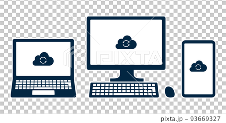 クラウドストレージを利用するデバイスのアイコン. ノートパソコン, デスクトップモニター, スマホ. 93669327