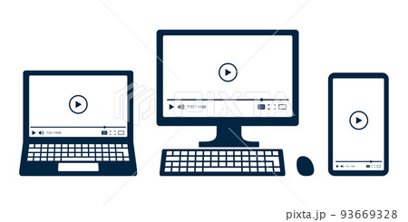 様々なデバイスで動画を再生するアイコン. ノートパソコン, デスクトップ, スマホの液晶画面. 93669328