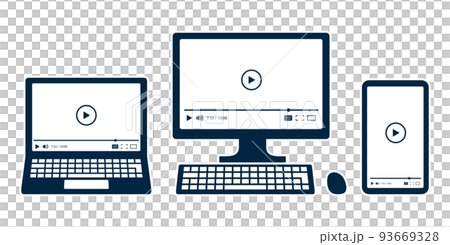 様々なデバイスで動画を再生するアイコン. ノートパソコン, デスクトップ, スマホの液晶画面. 93669328