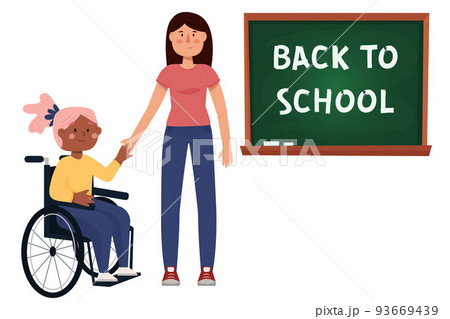 Back to school. Vector illustration of a teacher and a student in a wheelchair Back to school. Vector illustration of a teacher and a student in a wheelchair 93669439