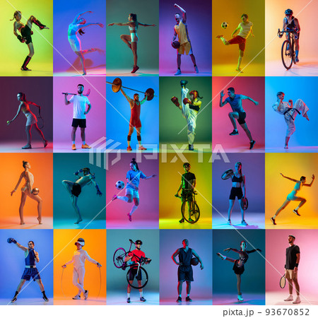 Sport collage of professional athletes on gradient multicolored neoned background. Concept of motion, action, active lifestyle, achievements 93670852