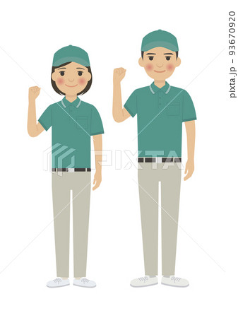 ガッツポーズをする配達員　男女ペア 93670920