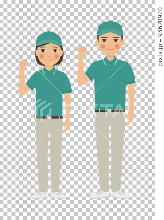 ガッツポーズをする配達員　男女ペア 93670920