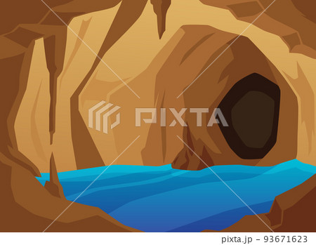 Brown stone cave entrance with water inside, dark tunnel flat style 93671623