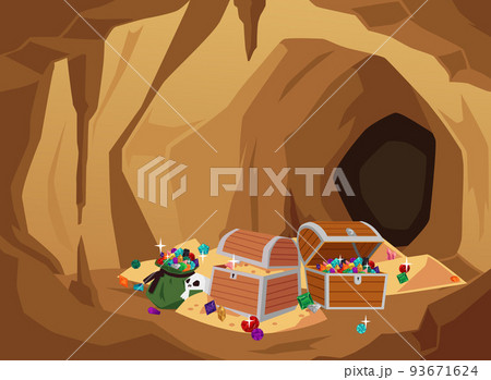 Cave entrance with treasure in chest and gold heaps flat vector illustration. 93671624