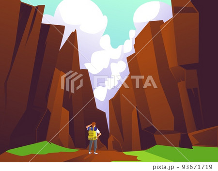 Hiker in the mountains admiring the mountain scenery, flat vector illustration. 93671719