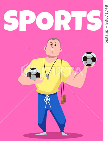 Football team coach or sports teacher at school with jumping rope and balls, poster template flat vector illustration. Football team coach or sports teacher at school with jumping rope and balls, poster template flat vector illustration. 93671749