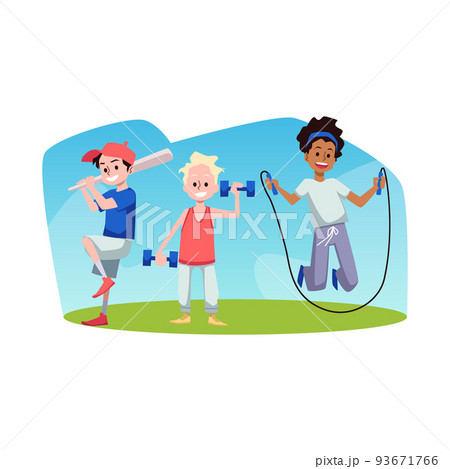 Group of diverse kids go in for sports in school, flat vector illustration isolated on white background. 93671766