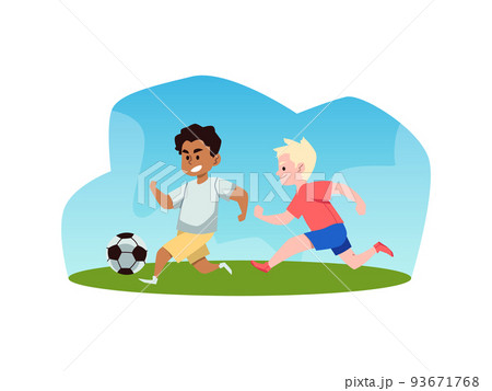 Two kids boys playing football together, flat vector illustration isolated on white background. Two kids boys playing football together, flat vector illustration isolated on white background. 93671768
