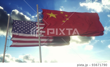 China and USA flag on flagpole. China and United States waving flag in wind. China and United States diplomatic concept. 3d illustration China and USA flag on flagpole. China and United States waving flag in wind. China and United States diplomatic concept. 3d illustration 93671790