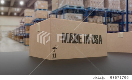 Boxes with MADE IN USA text on roller conveyor. 3d illustration Boxes with MADE IN USA text on roller conveyor. 3d illustration 93671796