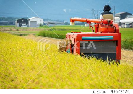 コンバインでの稲刈り風景 コンバインでの稲刈り風景 93672126