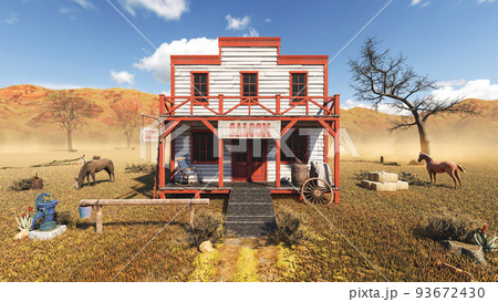 Old vintage western saloon isolated on the field in Wild West, 3d rendering 93672430